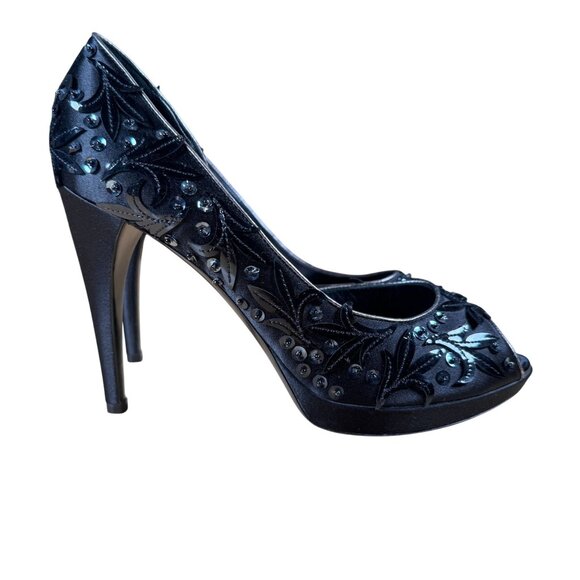 Louis Vuitton Black Satin Sequin D'orsay Peep Toe Pumps Heels Size 39 - Picture 1 of 10